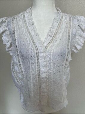 Frame White Eyelet Lace V-Neck Women's Top